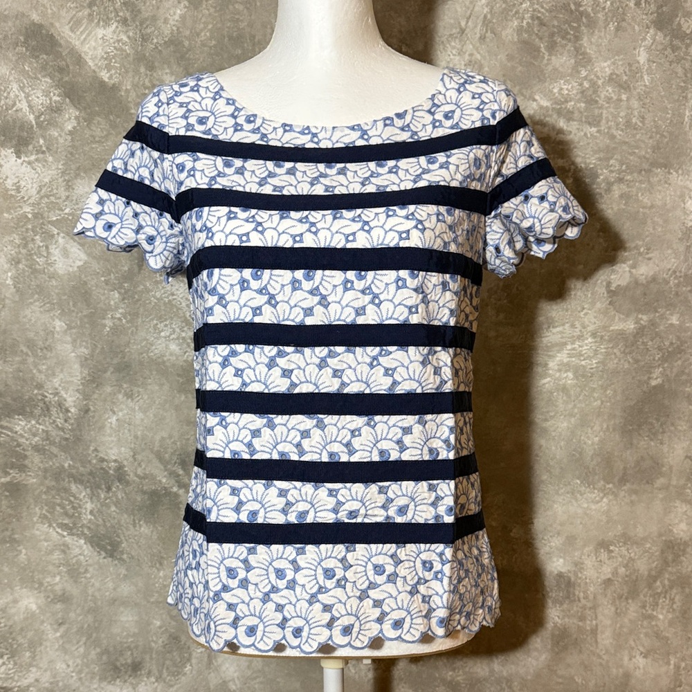 Talbots Navy and White Floral Stripe Blouse (Love 14)